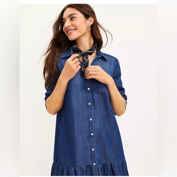 LOFT Dresses & Skirts - Loft Chambray Flounce Shirtdress Blue Size Medium Long Sleeve Button Down